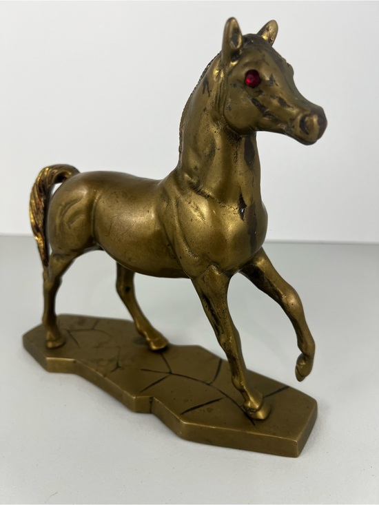 Vintage Other - Vintage Solid Brass Horse Statue Red Rhinestone Eyes Mid Century Decor